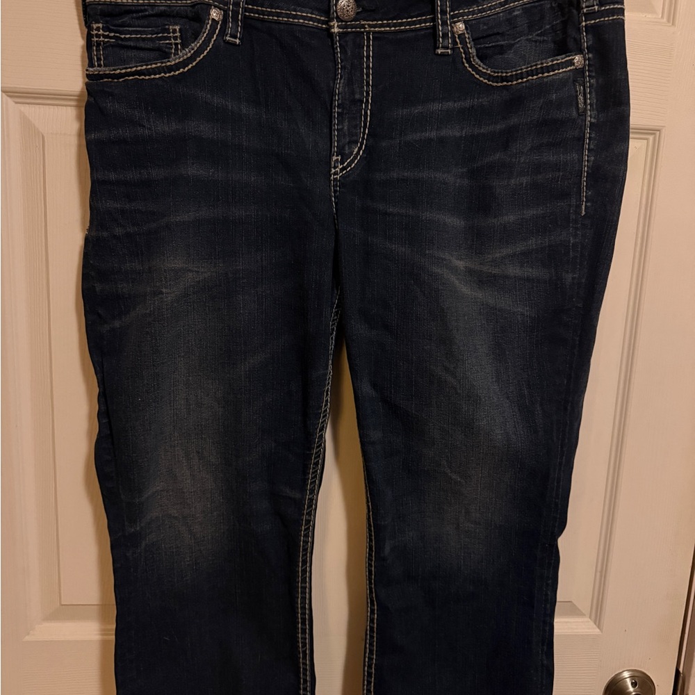 Women’s Silver Suki Jeans Mid-Rise Dark Distressed Capri Size22/L22.5